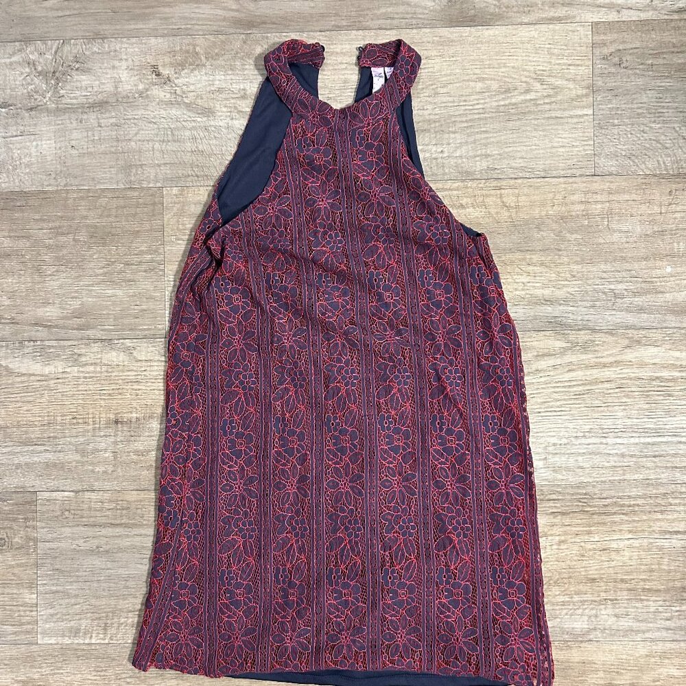 Alya Lace Overlay Dress with floral print - Red and Black - Small